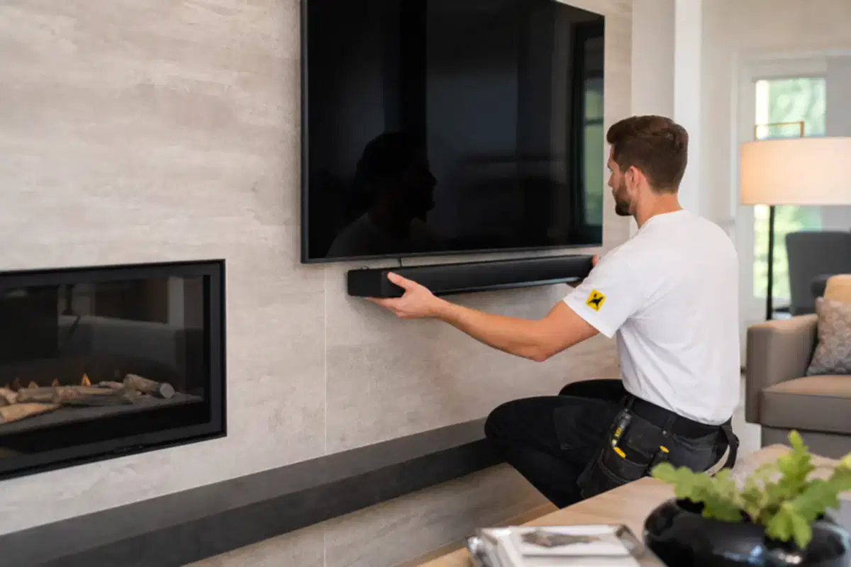 Installer fitting a soundbar below a wall-mounted TV on a Burlington feature wall