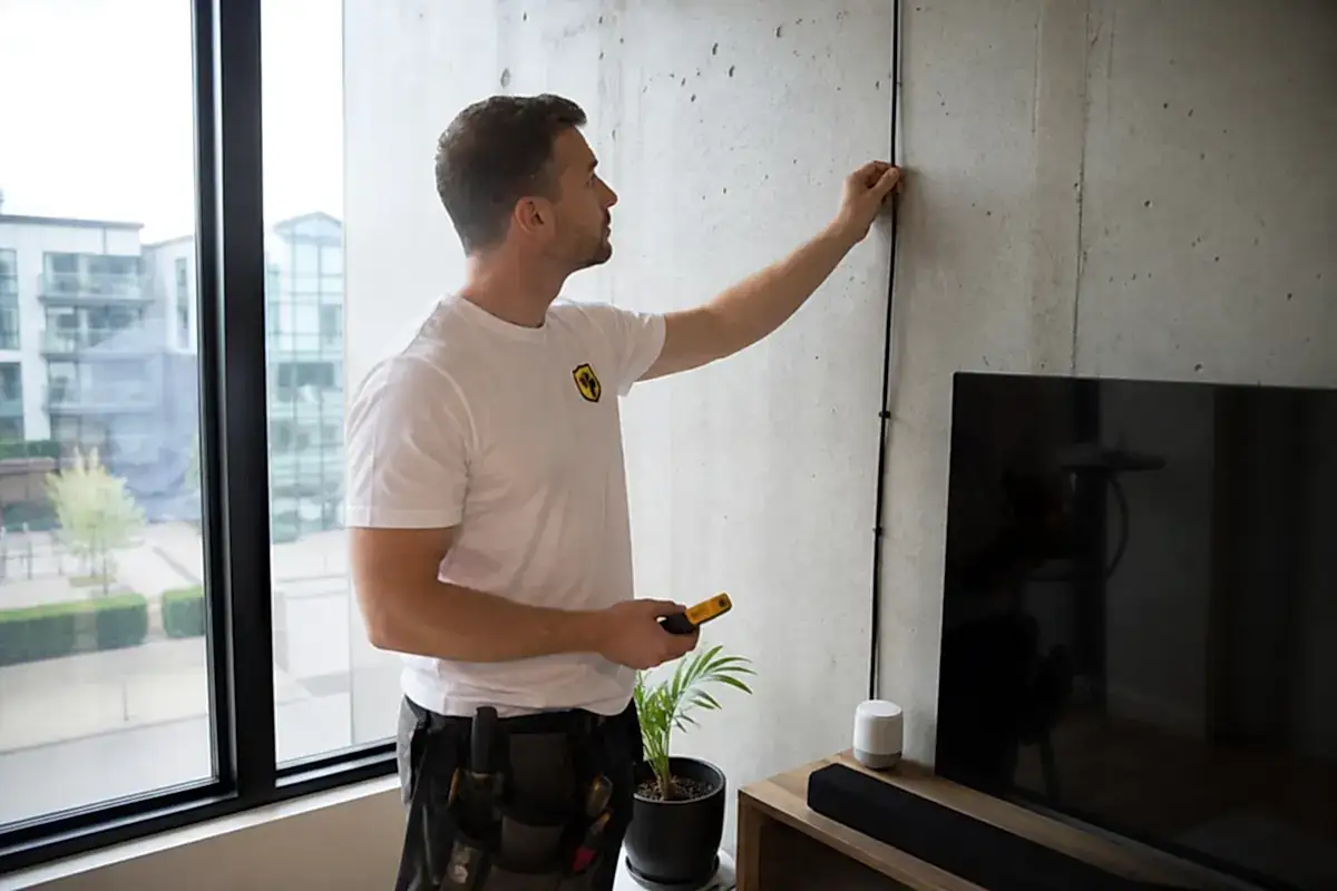 Installer assessing a Burlington condo wall and cable route before TV mounting