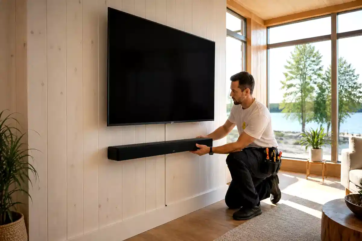 Installer in a white shirt aligning a soundbar and cable route in a Georgina cottage