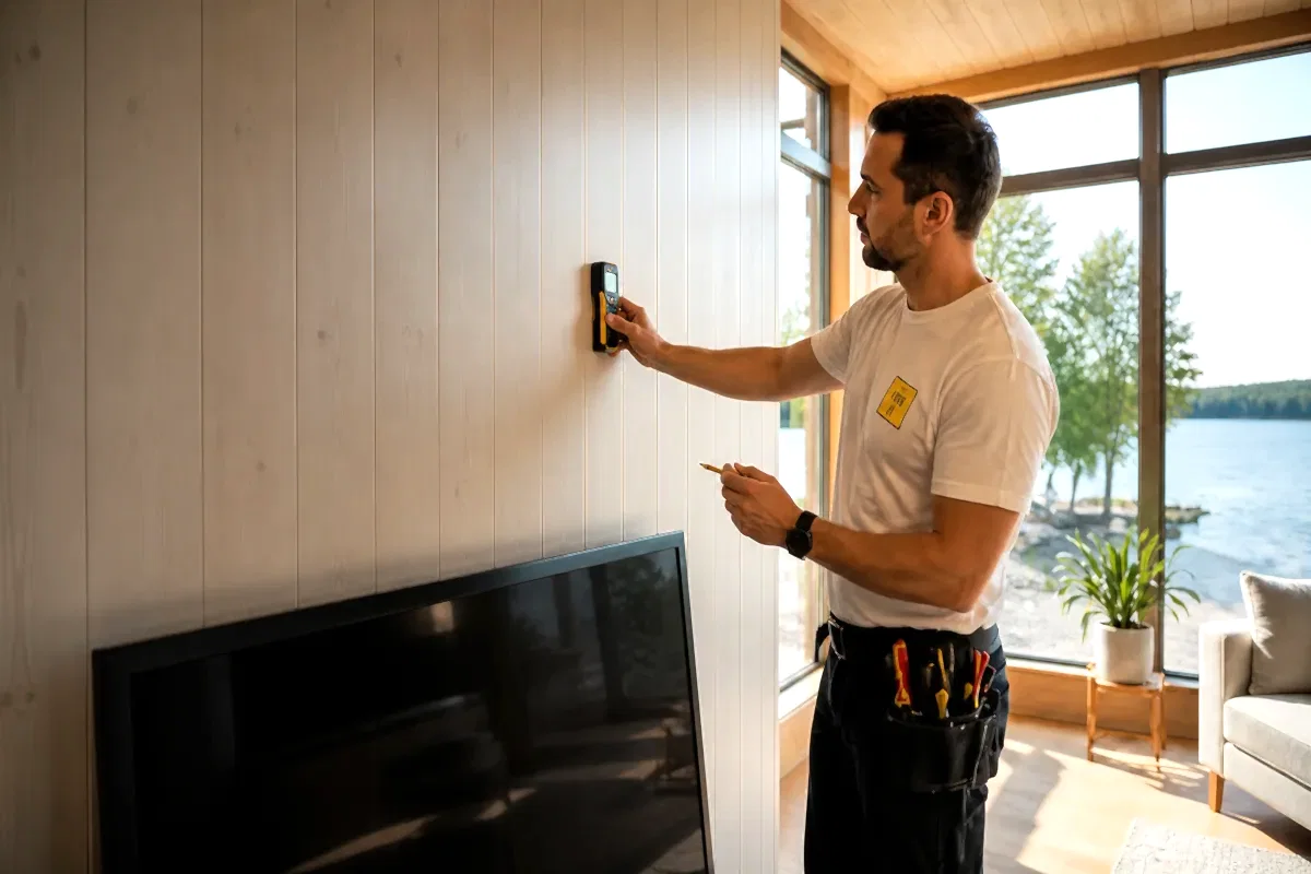 Installer in a white shirt assessing a paneled Georgina cottage wall before TV mounting
