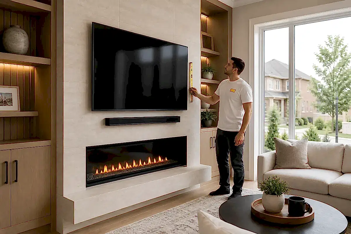 Finished fireplace TV and soundbar mounting installation in a Richmond Hill home