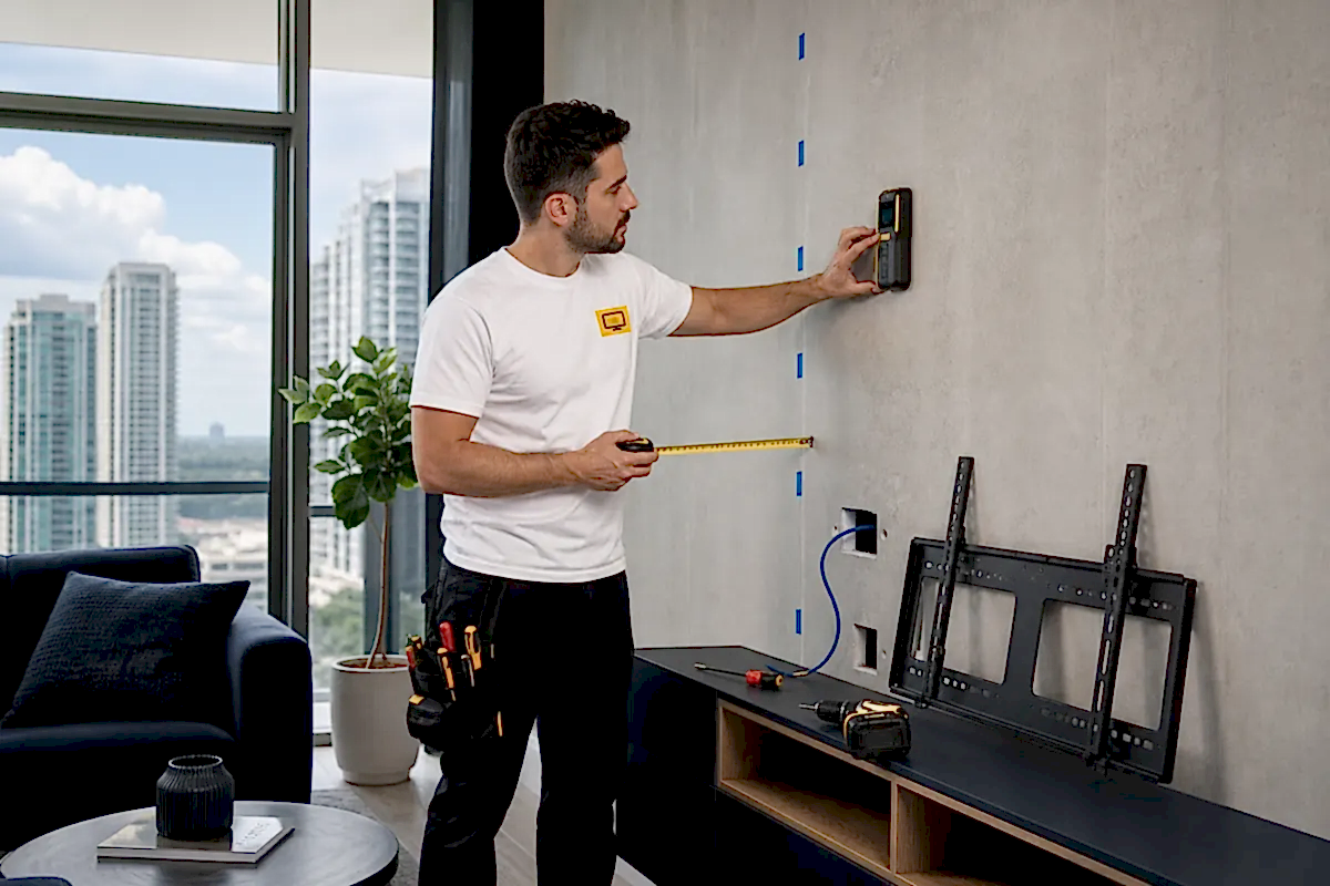 TV installer assessing a Richmond Hill condo wall before mounting a television