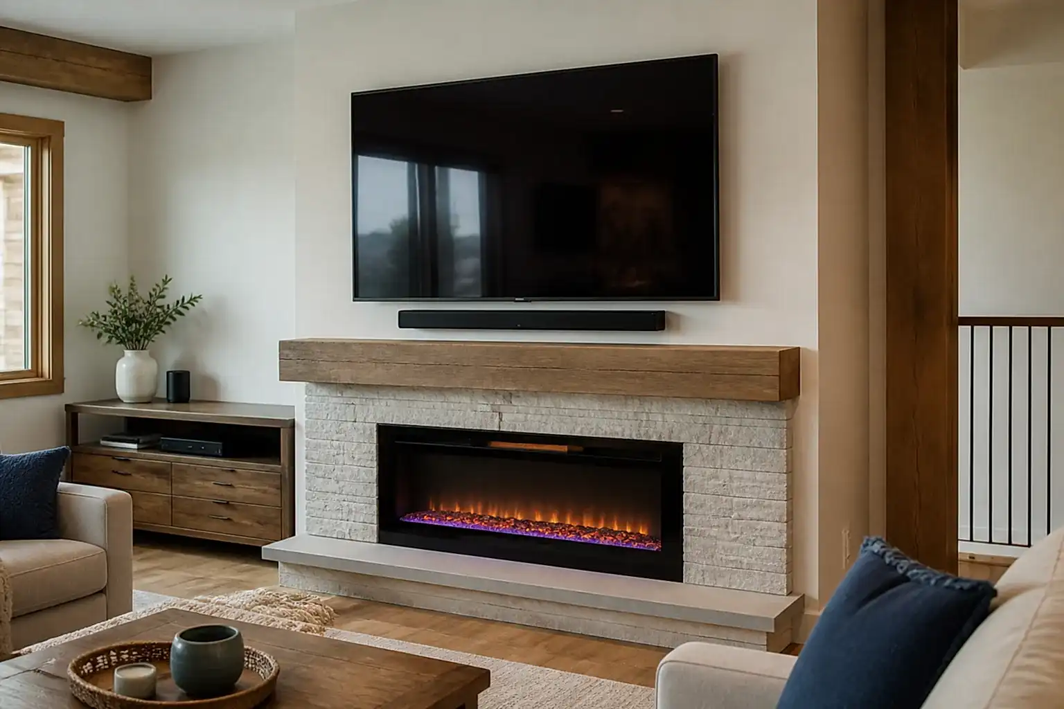 Wall-mounted TV and soundbar installed above an electric fireplace in a Scugog living room, with cabling concealed