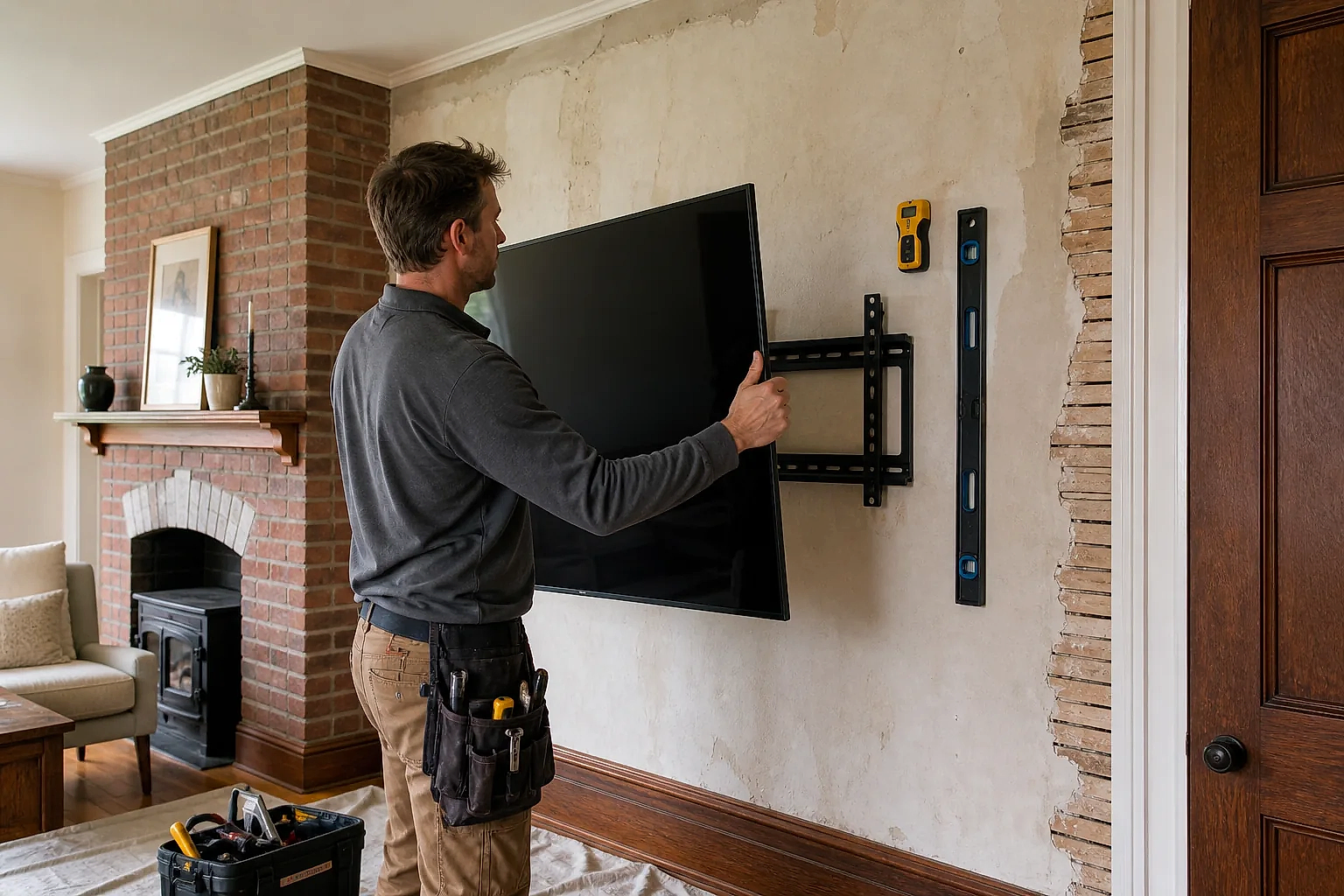 Illustration of a TV installer checking the framing behind an older plaster wall in Port Perry before mounting a television