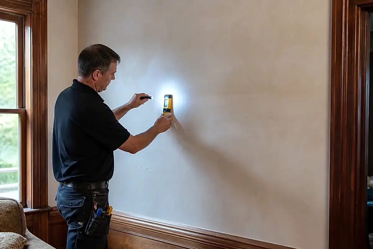 Installer assessing an older plaster wall before television installation in Uxbridge
