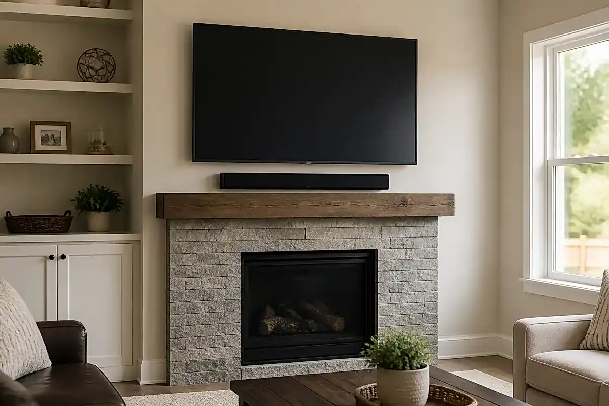 Wall-mounted television and soundbar above a stone fireplace in an Uxbridge home