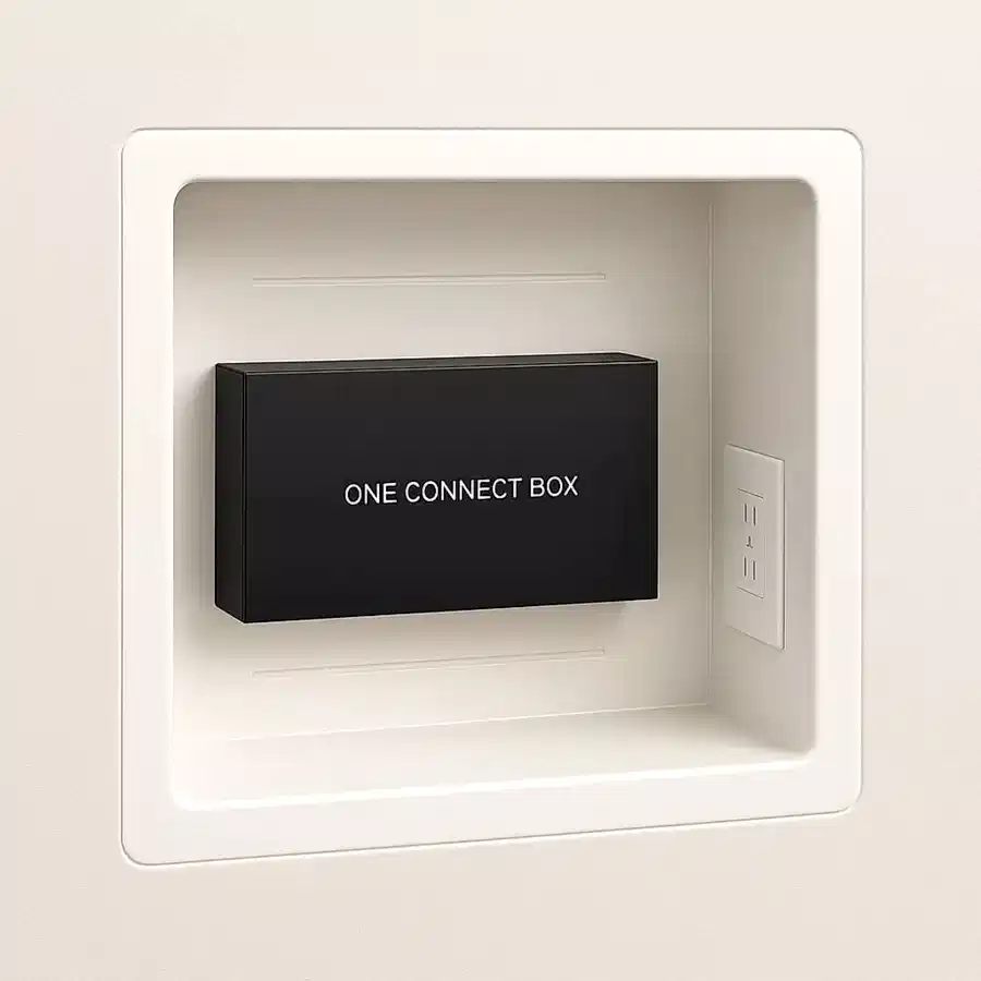 Diagram of a Samsung One Connect box sitting inside a recessed in-wall AV back box next to a power outlet