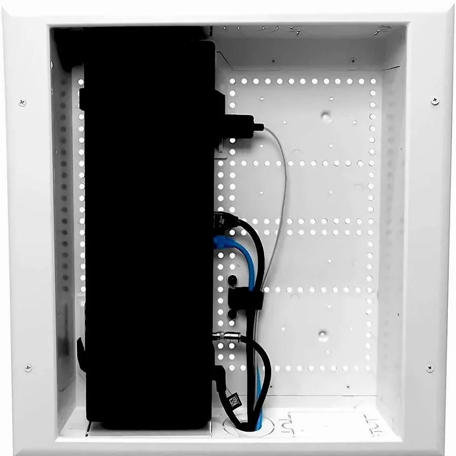 Samsung One Connect box recessed inside a white AV back box cut into the wall, with power and signal cables dressed inside