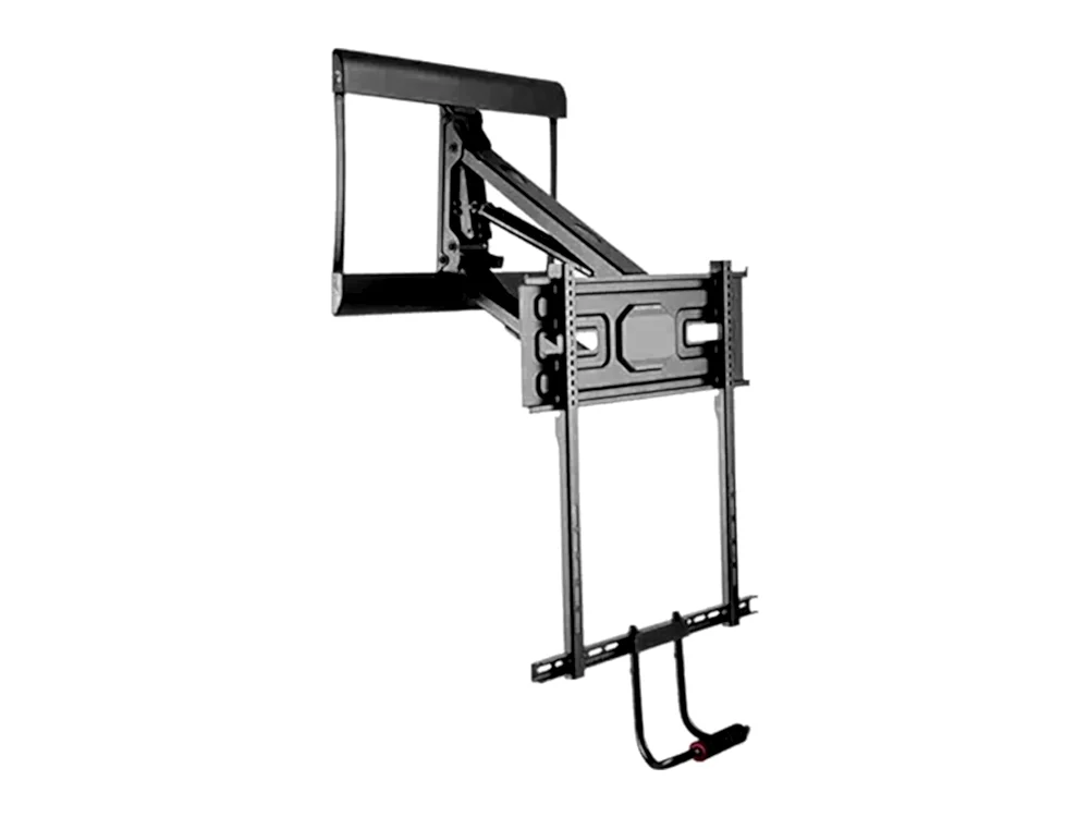 Gas-spring fireplace mantel TV mount with a padded pull-down handle and a counterbalanced lifting arm