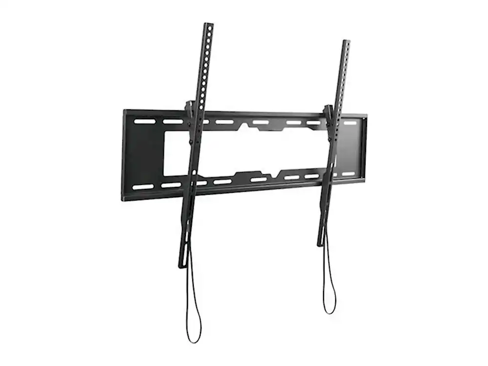 Low-profile tilting TV wall mount with two pull-cord spring-lock releases hanging from the brackets