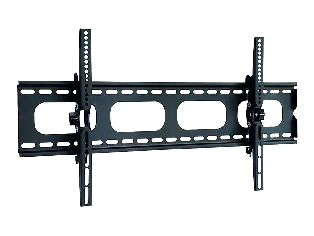 Slim tilting TV wall mount with a full-width wall plate and twin hook-on brackets
