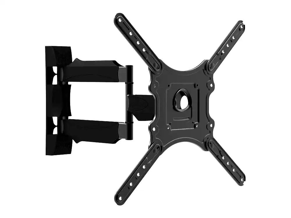 Compact full-motion TV wall mount with a double-hinged arm and a four-arm VESA plate