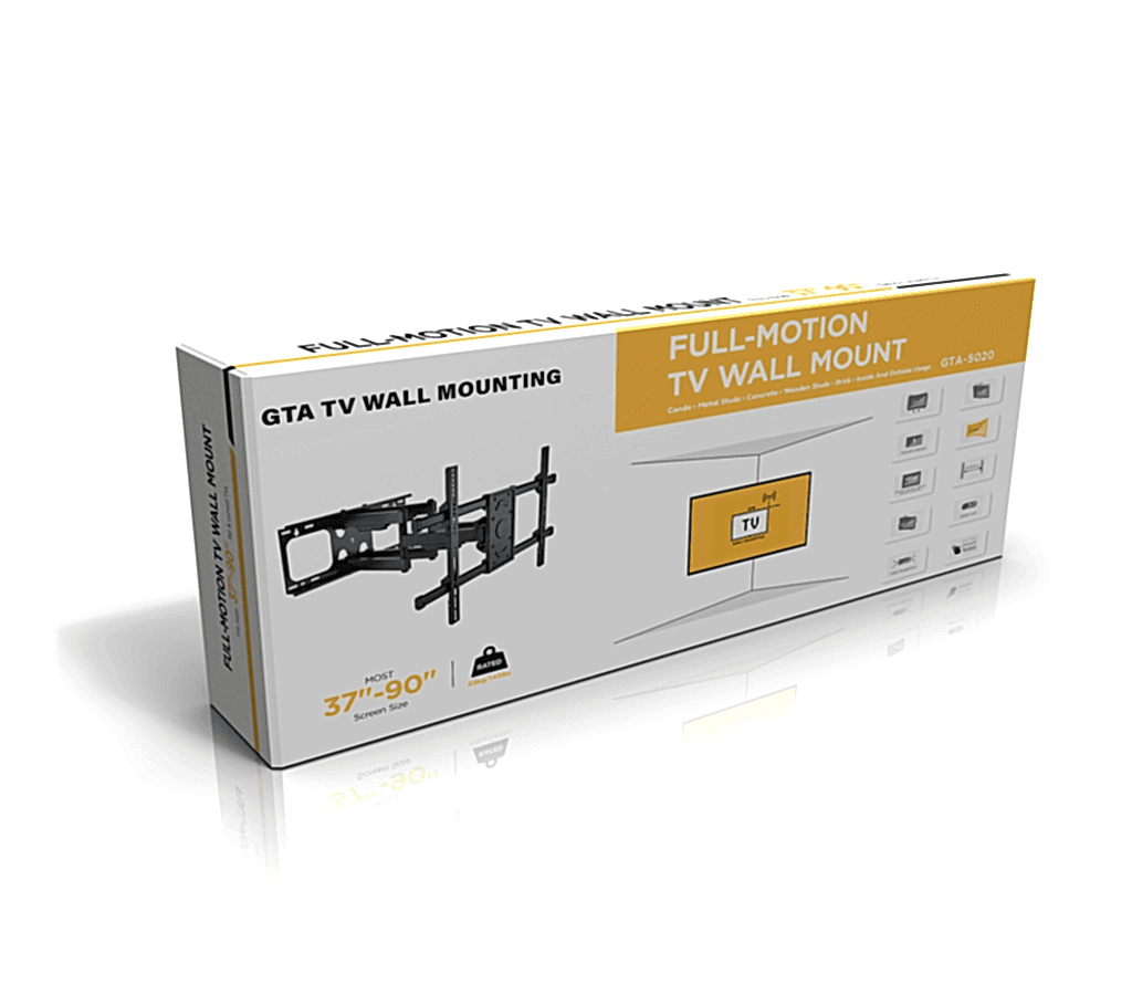 Image of a boxed TV wall mount product. The packaging displays the text "FULL-MOTION TV WALL MOUNTING" and "GTA TV WALL MOUNTING." It indicates it supports TVs from 37 to 90 inches. There is an illustration of the mount, icons denoting various features, and highlights its expertise in TV Wall Mounting.