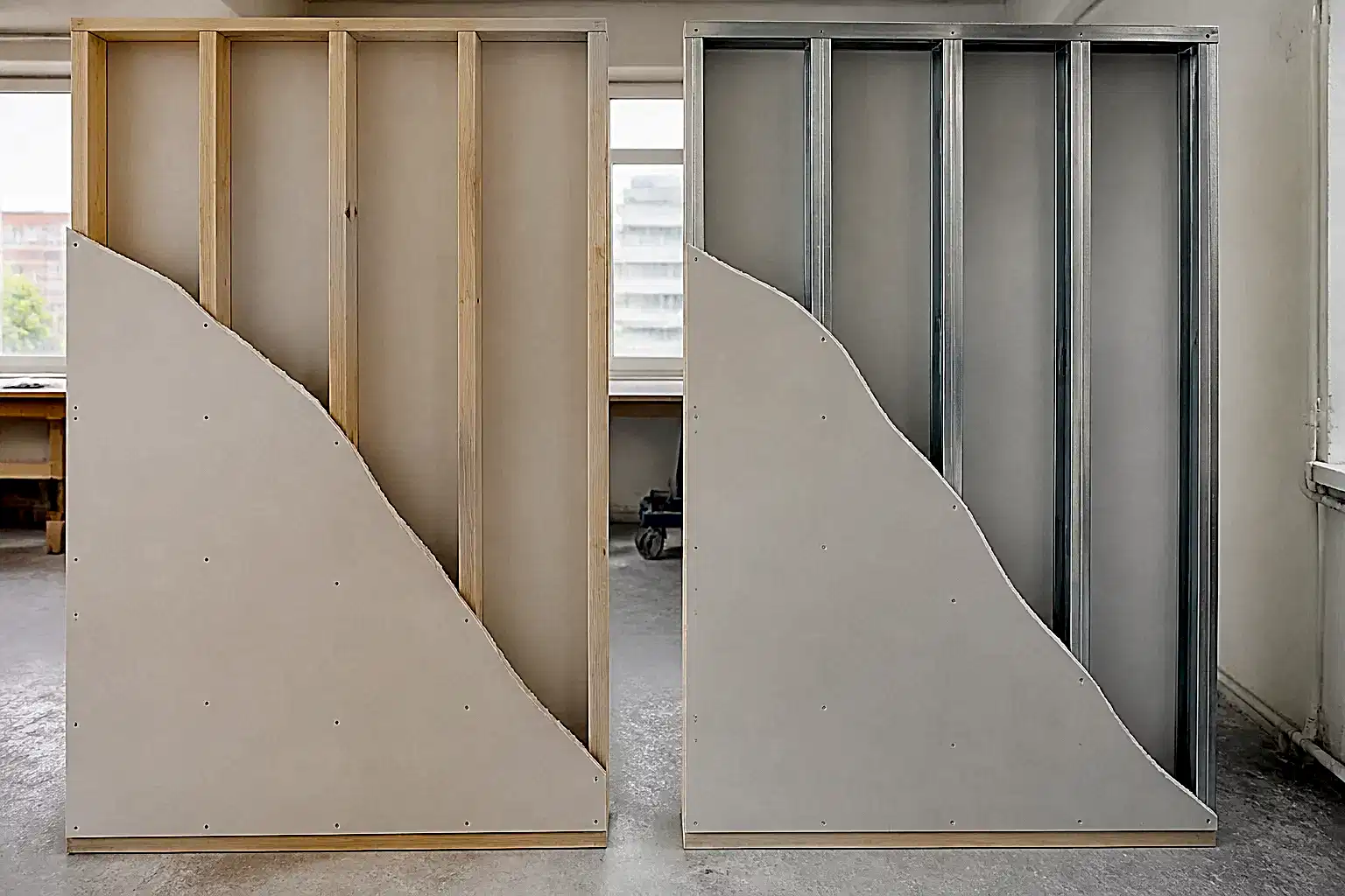 AI-generated wall samples showing wood and steel studs behind drywall.